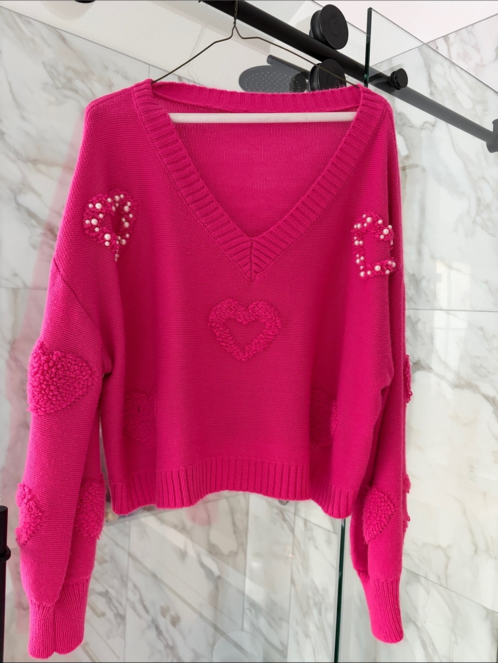 Bright Pink V-Neck Heart Sweater